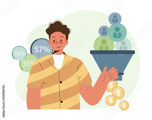 Sales funnel or online marketing conversion rate, customer flow from awareness, click and purchase product on e-commerce website, money coin from sales funnel. Flat vector illustration
