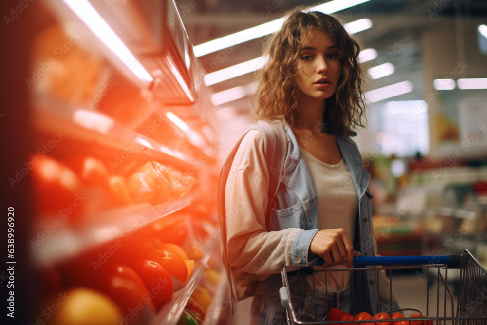 Young beautiful woman in a supermarket. AI generated