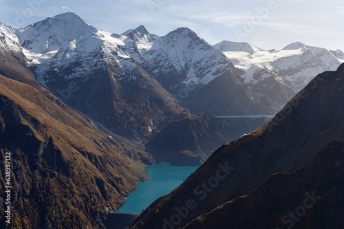 Mountain reservoirs Wasserfallboden and Mooserboden in the fall in Austrian Alps