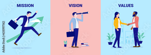 Mission vision values - Set of vector illustrations with businesspeople metaphors for business core values. Flat design graphics