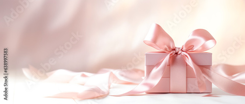 Pink gift or present box on a pale pink background, decorated with a bow and ribbon, creating a romantic atmosphere. Used for birthday, anniversary presents, gift cards. copy space, digital ai