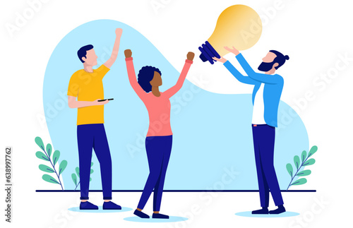 Business people coming up with great idea standing holding big light bulb and cheering together. Flat design vector illustration with white background