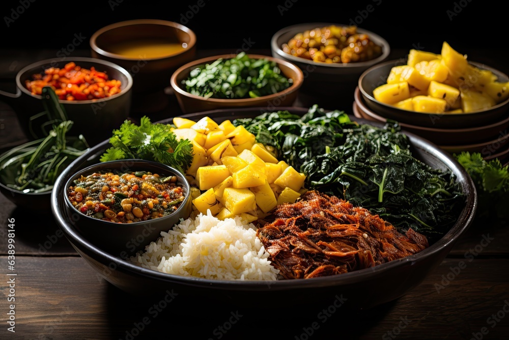 Variety of colorful and appetizing Brazilian dishes at festive table., generative IA