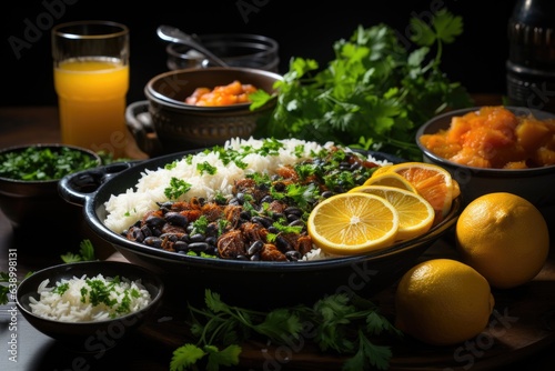 Brazilian table full: feijoada, rice, kale, oranges and farofa., generative IA