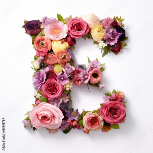 Colorful alphabet capital letter E made with flowers. Spring summer flower font. © ReneLa/Peopleimages - AI
