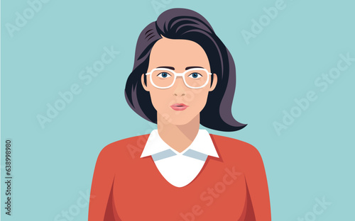 Regular serious woman face portrait vector - Illustration of normal casual female person with glasses looking in to camera, in front view flat design