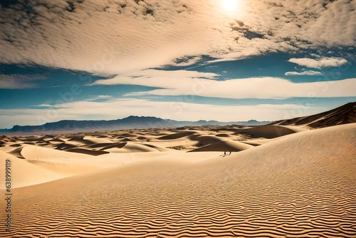 Design an expansive desert landscape with towering sand dunes and a clear blue sky