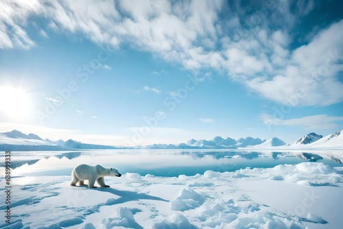 Design a vast, snowy Arctic landscape with a lone polar bear traversing the ice