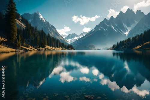 Design a serene mountain lake reflecting the towering peaks that surround it
