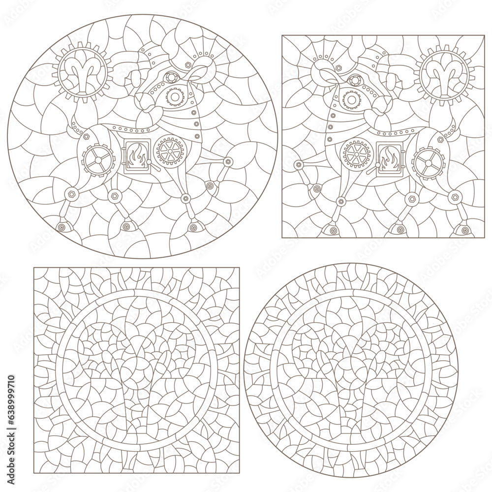 Set of contour illustrations in the style of stained glass with steam punk signs of the zodiac aries, dark contours on a white background
