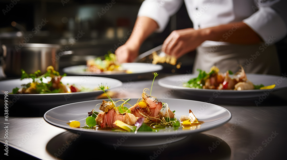 gourmet dish being prepared in a high-end restaurant kitchen - obrazy, fototapety, plakaty 