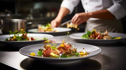 gourmet dish being prepared in a high-end restaurant kitchen