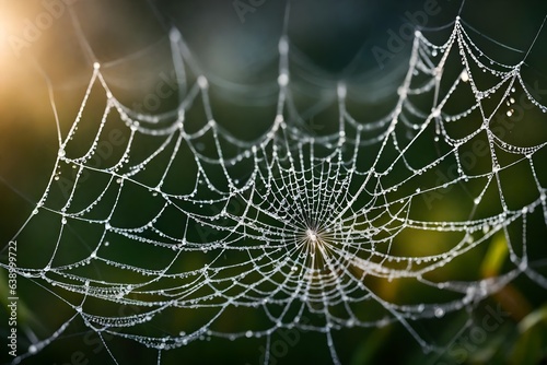 Design a close-up of a dew-covered spider's web glistening in the early morning light