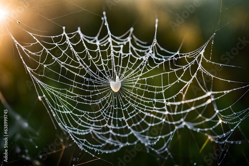 Design a close-up of a dew-covered spider's web glistening in the early morning light