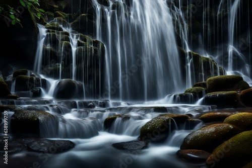 Design a close-up of a cascading waterfall with water droplets creating a misty atmosphere