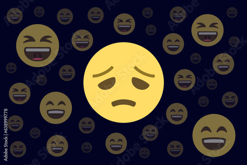 disappointed face surrounded by laughing faces in the darkness,mock,scoff,deride,concept vector illustration