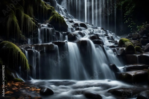 Design a close-up of a cascading waterfall with water droplets creating a misty atmosphere