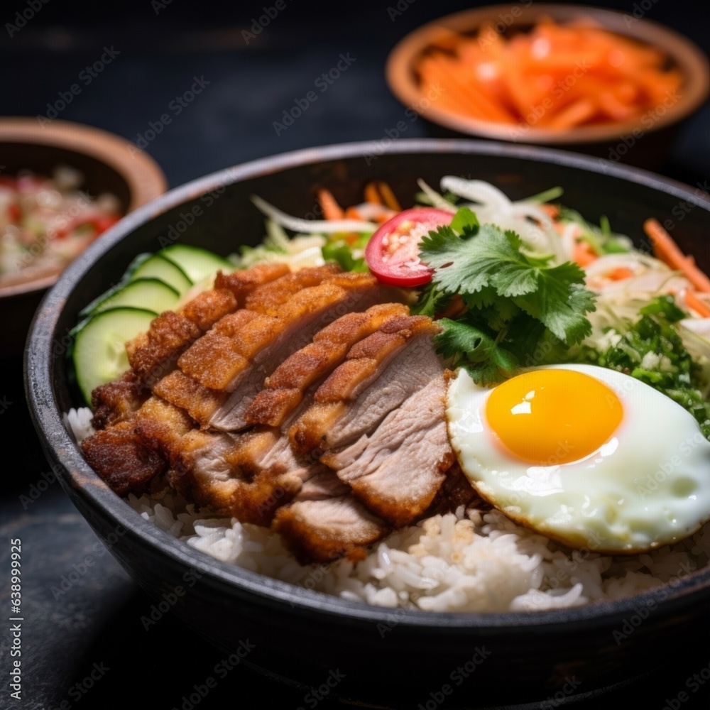 Breaded and deep-fried pork cutlet rice bowl showcasing the beautifully arranged ingredients on a dark, textured surface Breaded and deep-fried pork cutlet rice bowl showcasing the beautifully arranged ingredients on a dark, textured surface