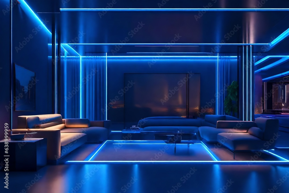  a futuristic lounge with sleek lines and neon accents.