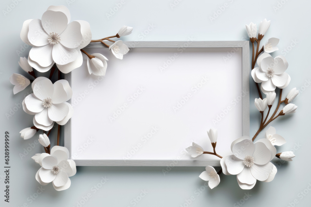 Empty photo frame border blank poster template mockup of paper cut flowers on light blue backdrop. Origami art floral composition with copy space surface