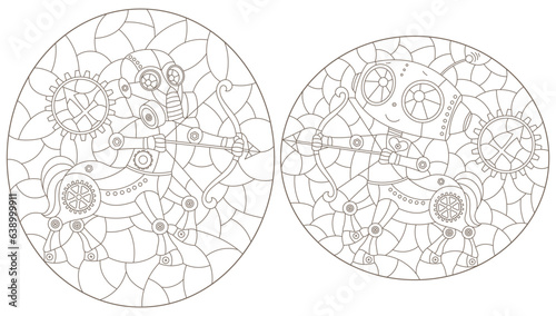 Set of contour illustrations in the style of stained glass with steam punk signs of the zodiac Sagittarius, dark contours on a white background