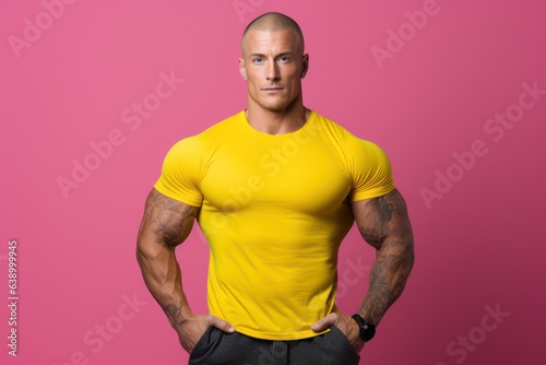 strong fitness guy in skintight shirt against bold coloured background, mens fitness, man with tattoos photo