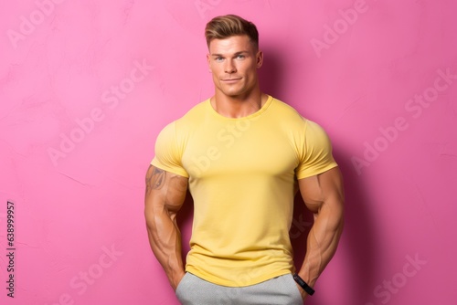 strong fitness guy in skintight shirt against bold coloured background, mens fitness, man with tattoos