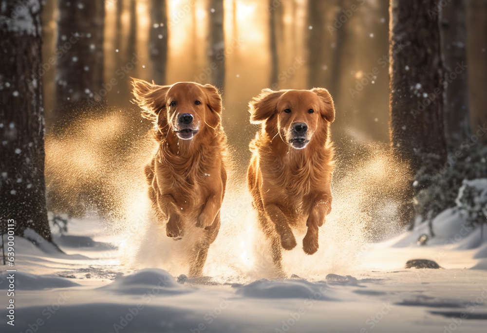Two golden retriever runs through the winter forest. AI Generated
