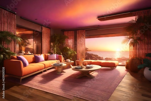 a 3D room that captures the warmth of a tropical sunset