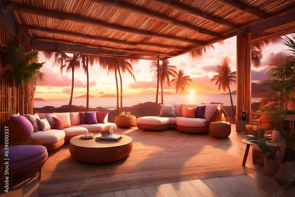  a 3D room that captures the warmth of a tropical sunset