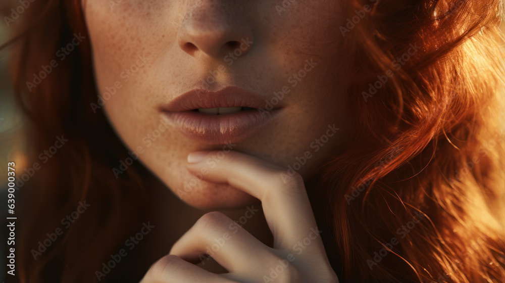 Young woman with freckles, focus on lips. Close up highly-detailed shot of amazing charming young woman with ginger hair and perfect healthy freckled skin. Hand on chin. Pretty cute smile. Sunshine.