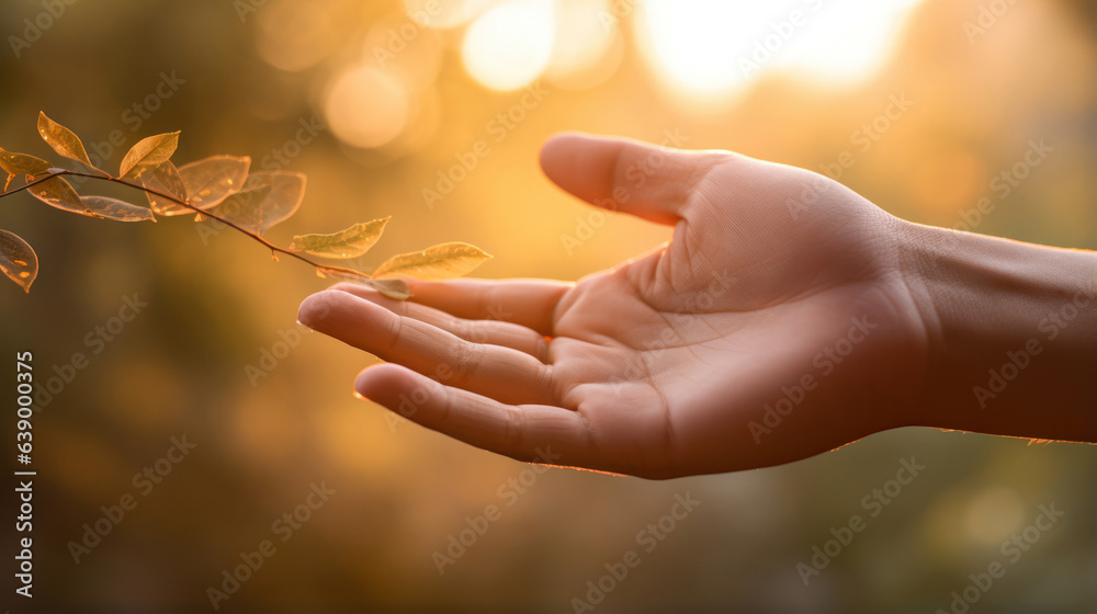 A woman's hand touches a twig and leaves against the backdrop of the setting sun. Backlight. Feel the beauty of nature with all your senses. Hand in the rays of the sun on a calm bokeh background.  - obrazy, fototapety, plakaty 