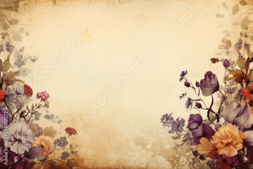 Autumn greeting card background in retro style with pastel vintage colour flowers. Nostalgia concept