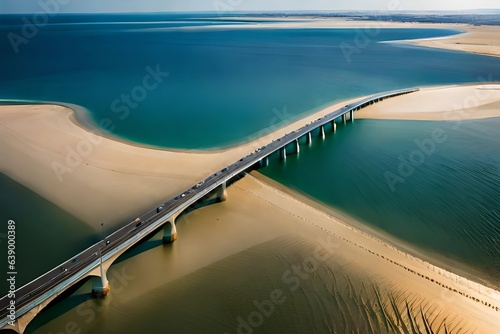 Aerial photograph capturing a majestic cross-sea bridge spanning the horizon