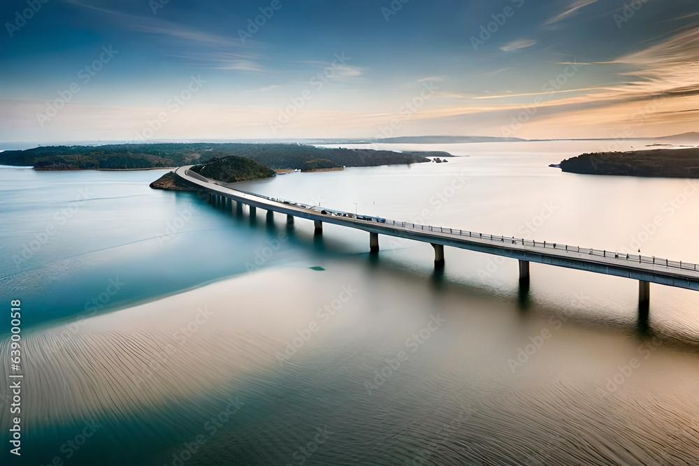 Aerial photograph capturing a majestic cross-sea bridge spanning the horizon