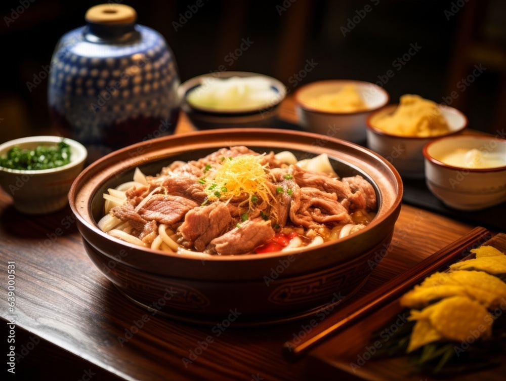 freshly made Gyudon in a traditional Japanese restaurant setting, with pickled ginger on the side freshly made Gyudon in a traditional Japanese restaurant setting, with pickled ginger on the side