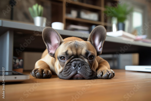 Sad lonely French bulldog puppy missing his owner at home. Bored upset dog animal