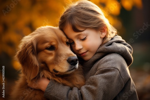 Little girl hugging golden retriever on autumn background. Kids pets friendship concept
