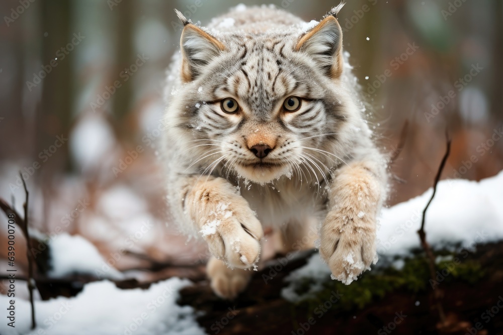 A Canada Lynx gracefully leaping through a snowy forest clearing.