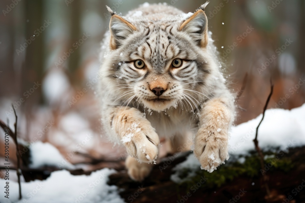 A Canada Lynx gracefully leaping through a snowy forest clearing. A Canada Lynx gracefully leaping through a snowy forest clearing.