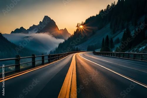 A rugged mountain road winds through a breathtaking landscape