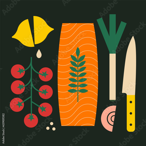 Salmon fish with ingredients for baking. Red fish fillet, lemon, tomatoes and spices. Flat vector illustration, geometric, modern style. Healthy seafood with herbs for cooking. Fish recipe, cookbook.