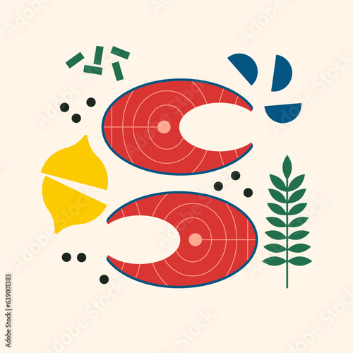 Tuna fish steaks with lemon, garlic and pepper for baking. Appetizing red fish steak. Flat vector illustration, geometric, modern style. Healthy seafood with herbs for cooking. Fish recipe.