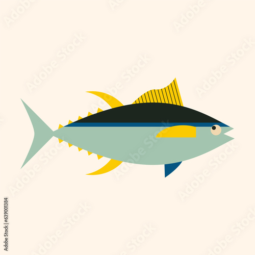 Atlantic tuna fish in side view. Abstract yellowfin tuna fish. Flat vector illustration, geometric, modern style. Seafood for market, menu, label, commercial and recreational fisheries.
