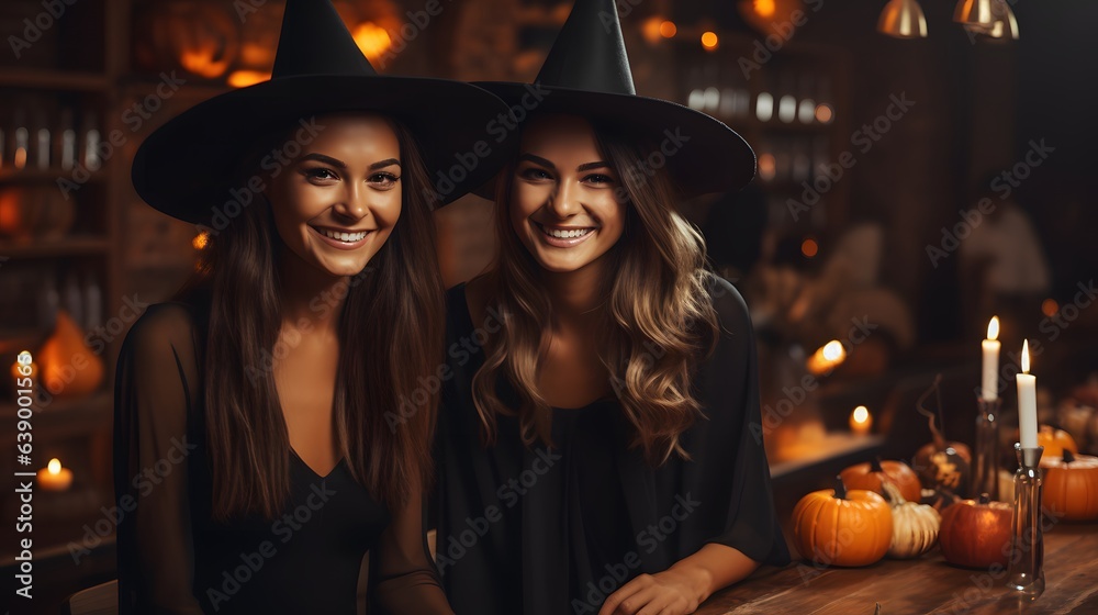 Happy Halloween! Two beautiful women in Halloween costumes posing in a dark room with candles. Halloween party.	