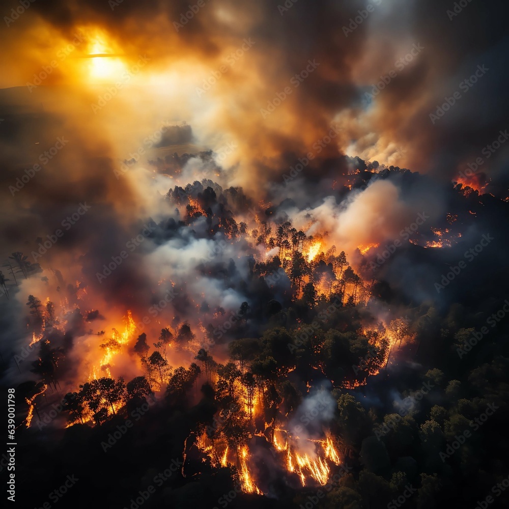 Drone, fire and smoke with forest in nature for deforestation, climate change and ecology. Ai generated, plants and timber with landscape of woods flame for earth, disaster and wildfire pollution