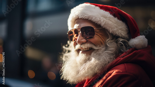 portrait of a modern Santa Claus with sunglasses and red hat, smiling face, cool hand with white beard, AI 