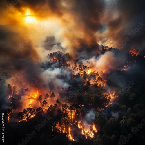 Drone, fire and smoke with forest in nature for deforestation, climate change and ecology. Ai generated, plants and timber with landscape of woods flame for earth, disaster and wildfire pollution