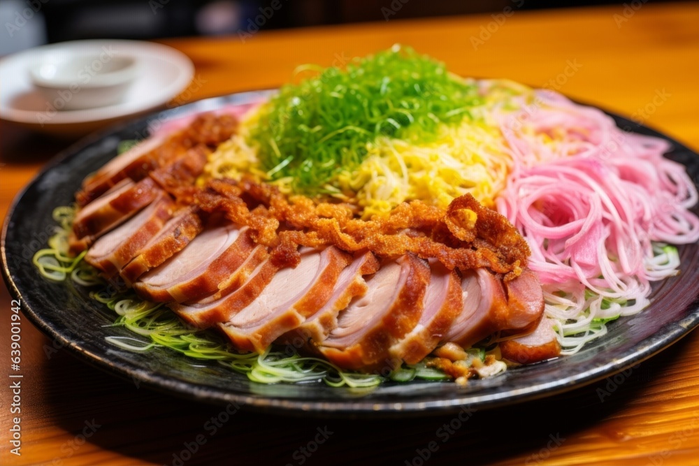 bowl of Ramen, showing the glossy texture of the noodles, the glistening broth, the sliced green onions and pieces of nori, and the slightly pink swirled narutomaki sitting right in the center bowl of Ramen, showing the glossy texture of the noodles, the glistening broth, the sliced green onions and pieces of nori, and the slightly pink swirled narutomaki sitting right in the center