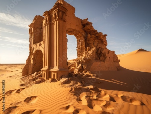 Ruins of an old Temple between golden dunes in a hot desert